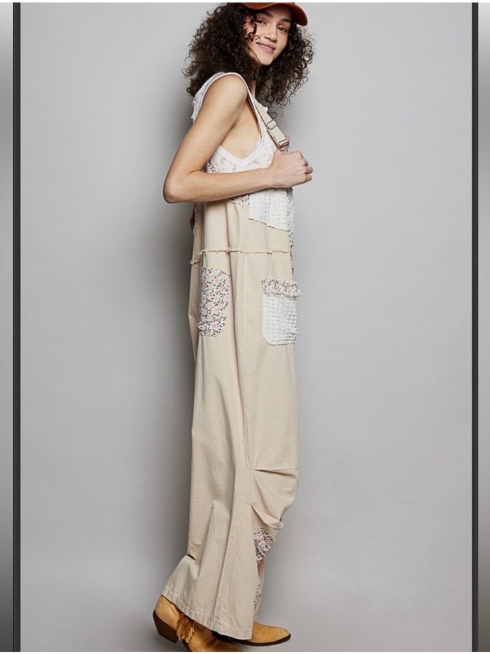 POL Cream Patchwork Wide-Leg Jumpsuit with Floral Trim - Picture 2 of 7